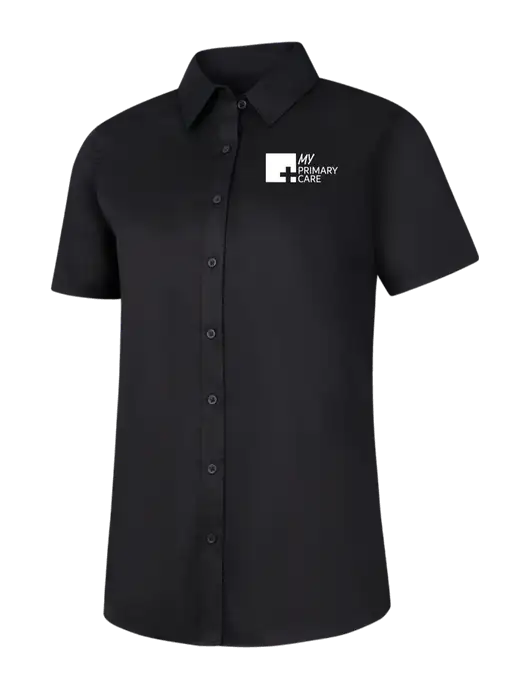 Womens Black Short Sleeve Superpro React Twill Shirt w/My Primary Care Logo