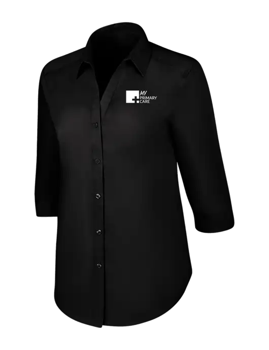 Womens Black 3/4 Sleeve Carefree Poplin Shirt w/My Primary Care Logo