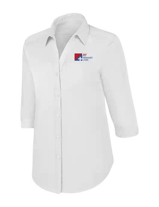 Womens White 3/4 Sleeve Carefree Poplin Shirt w/My Primary Care Logo