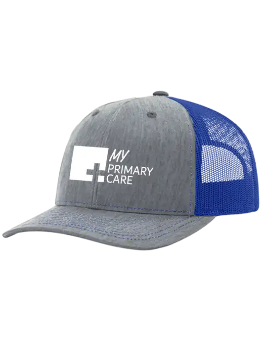 Richardson Adjustable Snapback Original 112 Trucker Cap Heather Light Grey w/Royal Mesh w/My Primary Care Logo