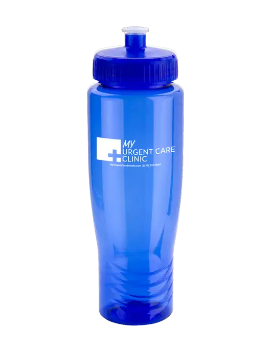Roam Blue 28 oz Eco-Polyclear Bottle with Push Pull Lid w/My Urgent Care Schertz Logo