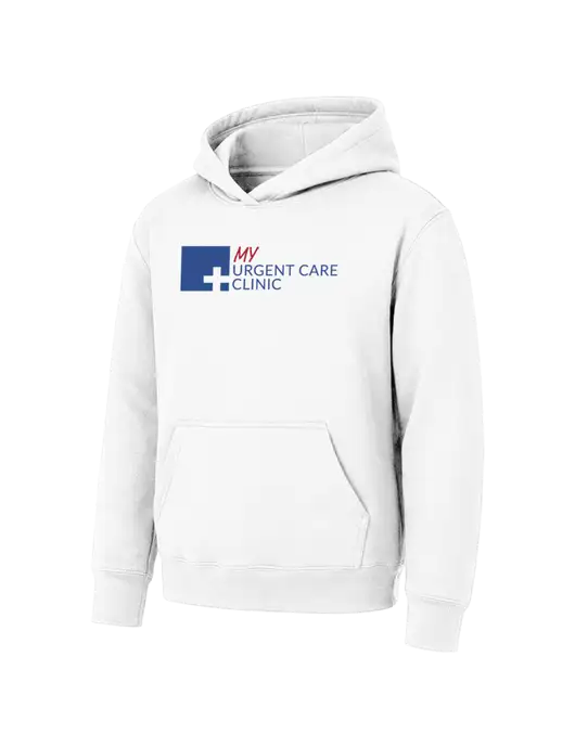 Youth White 7.8 oz Pullover Hooded Sweatshirt w/My Urgent Care Logo