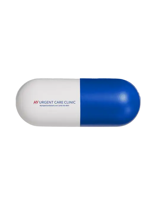 Dark Royal Blue Chill Pill Stress Reliever w/My Urgent Care Schertz Logo