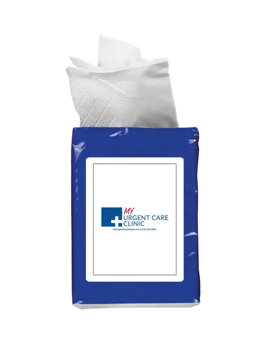 Dark Royal Blue Mini Tissue Packet w/My Urgent Care Schertz Logo