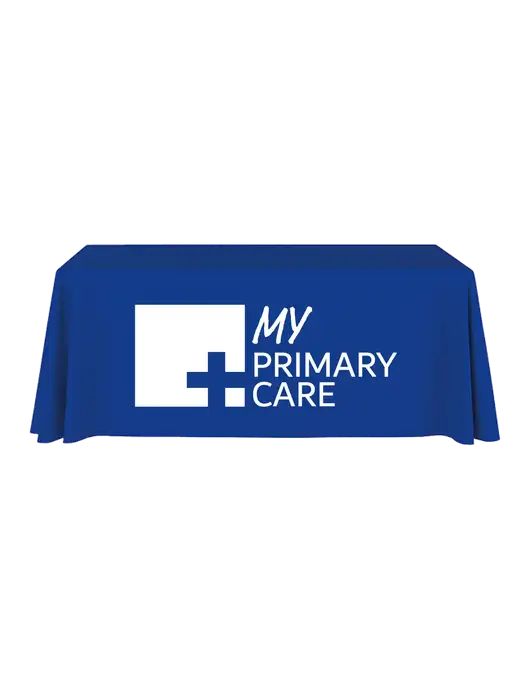 6' Stain-Resistant 4-Sided Dark Royal Table Cover w/My Primary Care Logo