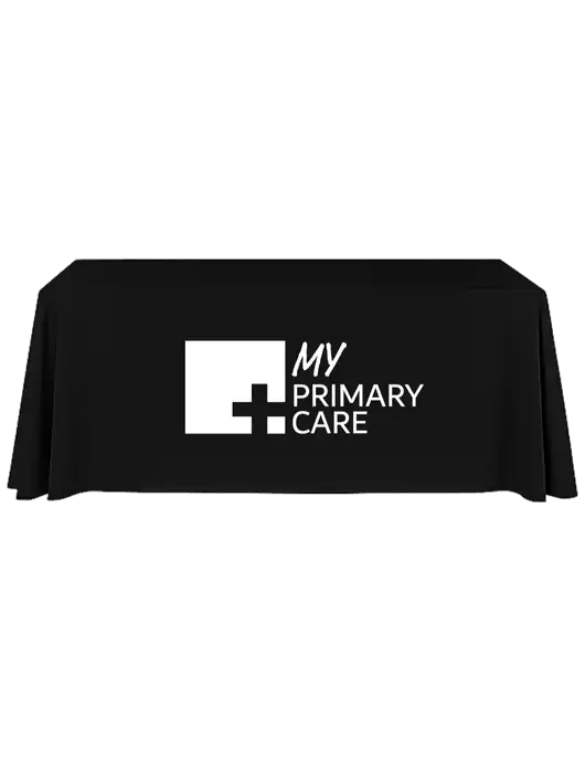 8' Stain-Resistant 4-Sided Black Table Cover w/My Primary Care Logo