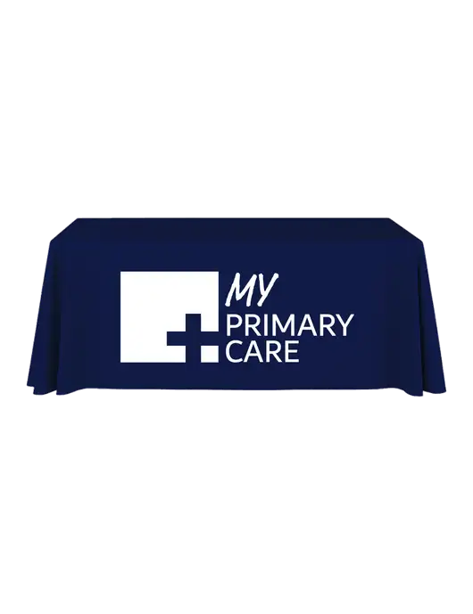 6' Stain-Resistant 4-Sided Dark Navy Table Cover w/My Primary Care Logo