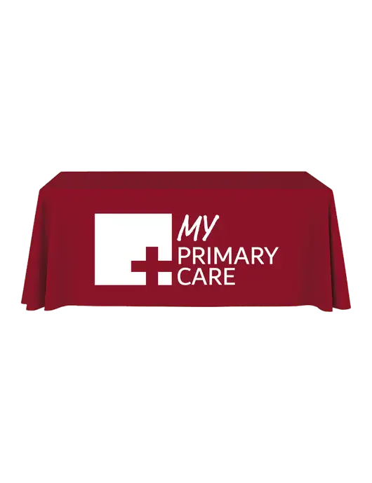 6' Stain-Resistant 4-Sided Red Table Cover w/My Primary Care Logo