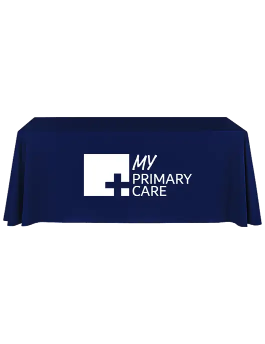 8' Stain-Resistant 4-Sided Dark Navy Table Cover w/My Primary Care Logo