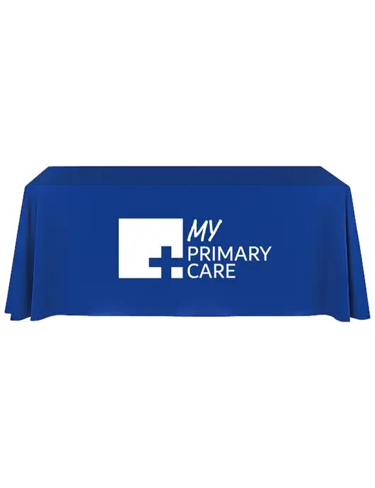 8' Stain-Resistant 4-Sided Dark Royal Table Cover w/My Primary Care Logo